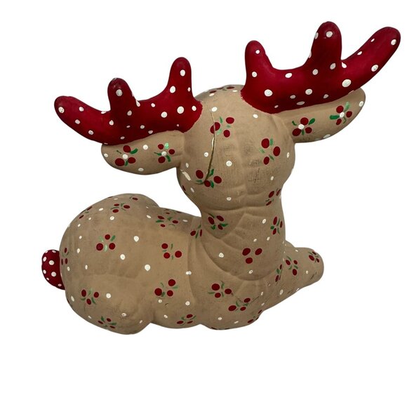 Set Of 6 Handcrafted Ceramic Reindeer Figurines Red Antlers & Floral Vintage - Picture 10 of 16